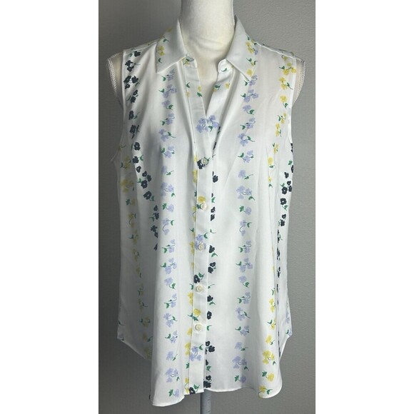 Ann Taylor Sleeveless Essential Button Down White Floral Top Large Petit (12/14) - Picture 3 of 8